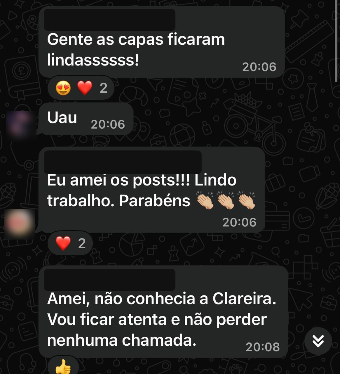 Autores elogiando as capas e os posts de divulgação
